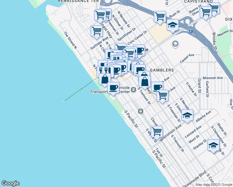 map of restaurants, bars, coffee shops, grocery stores, and more near 136 South Pacific Street in Oceanside