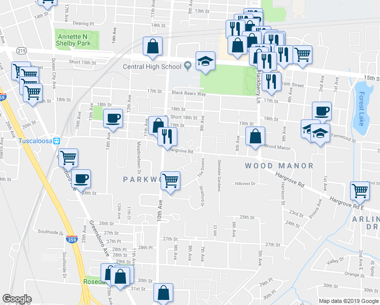 map of restaurants, bars, coffee shops, grocery stores, and more near 901 Hargrove Road in Tuscaloosa