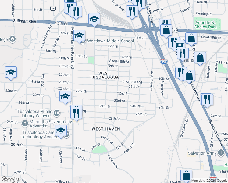 map of restaurants, bars, coffee shops, grocery stores, and more near 2208 28th Avenue in Tuscaloosa