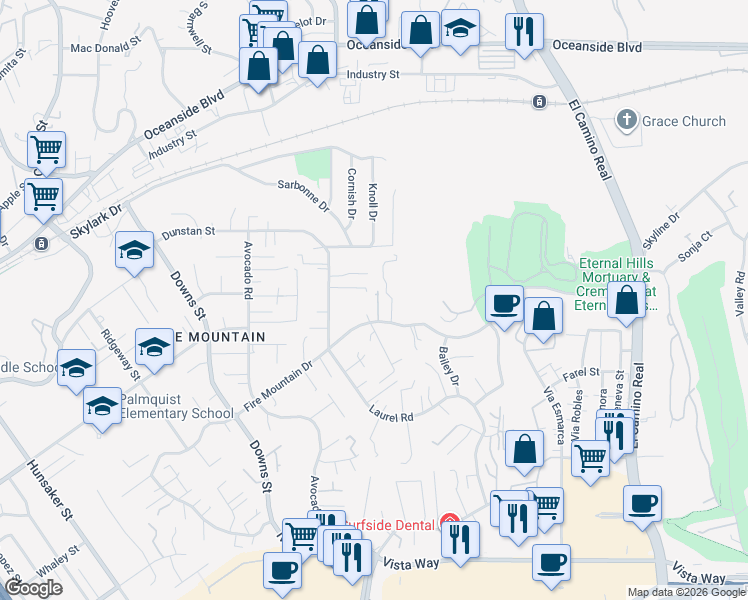 map of restaurants, bars, coffee shops, grocery stores, and more near 2490 Birchwood Way in Oceanside