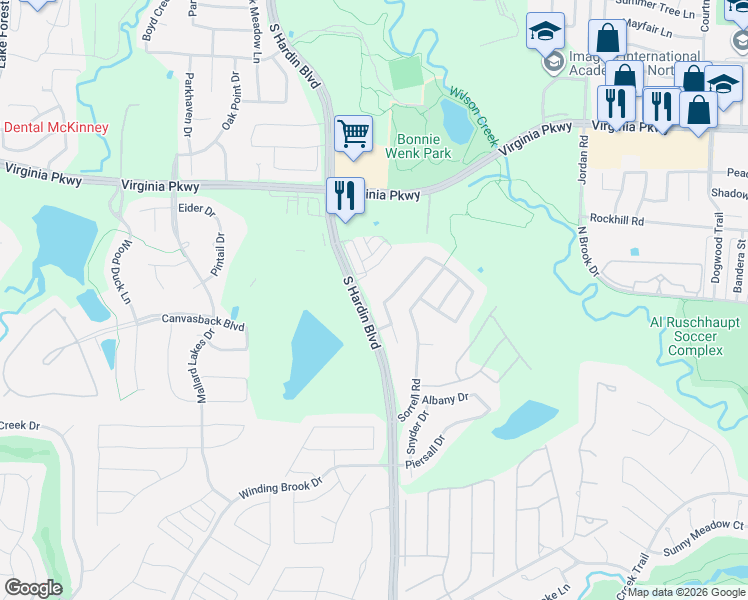 map of restaurants, bars, coffee shops, grocery stores, and more near 513 Hardin Boulevard in McKinney