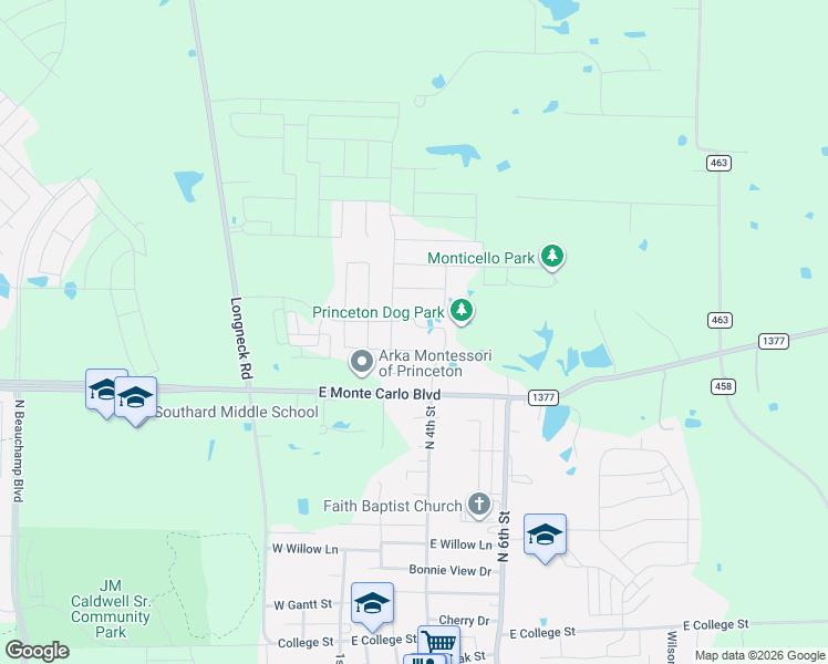 map of restaurants, bars, coffee shops, grocery stores, and more near 325 East Monte Carlo Boulevard in Princeton