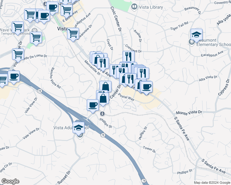 map of restaurants, bars, coffee shops, grocery stores, and more near 985 Civic Center Drive in Vista