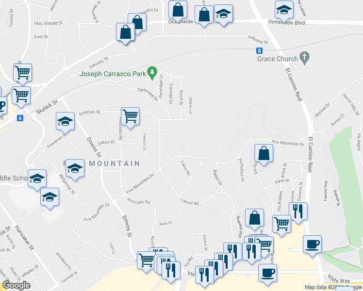 map of restaurants, bars, coffee shops, grocery stores, and more near 98 Fire Mountain Drive in Oceanside