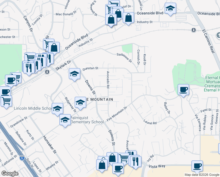map of restaurants, bars, coffee shops, grocery stores, and more near 1509 Avocado Road in Oceanside