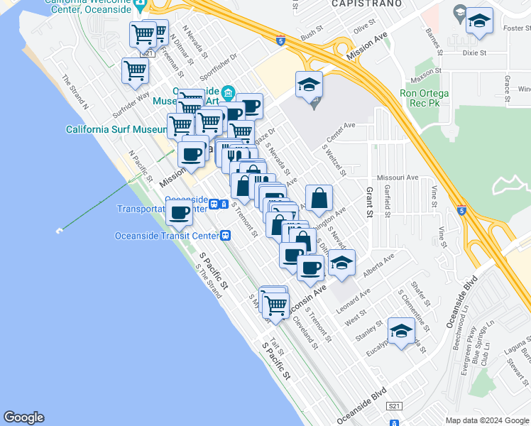 map of restaurants, bars, coffee shops, grocery stores, and more near 321 South Coast Highway in Oceanside