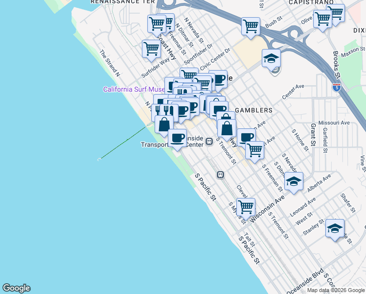 map of restaurants, bars, coffee shops, grocery stores, and more near 136 South Pacific Street in Oceanside