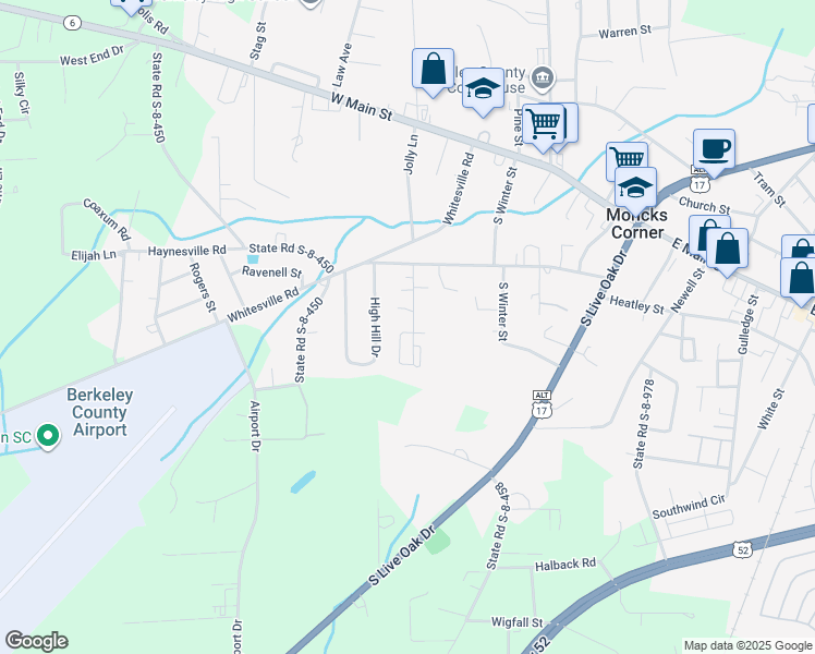 map of restaurants, bars, coffee shops, grocery stores, and more near 27 Debbie Lane in Moncks Corner