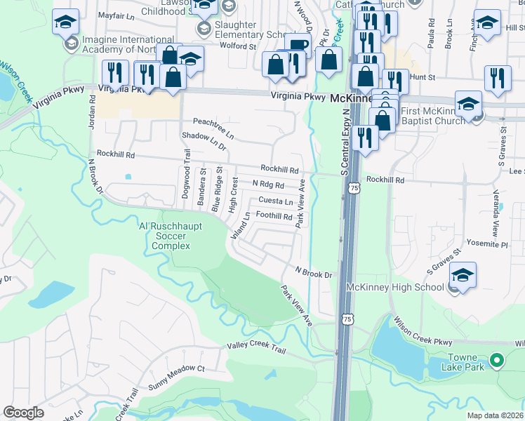 map of restaurants, bars, coffee shops, grocery stores, and more near 2334 Brookview Drive in McKinney