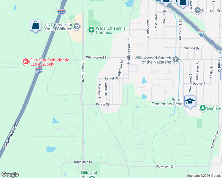 map of restaurants, bars, coffee shops, grocery stores, and more near 2101 Camellia Street in Denton
