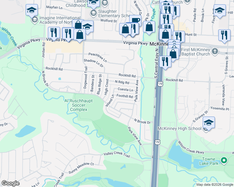 map of restaurants, bars, coffee shops, grocery stores, and more near 2334 Brookview Drive in McKinney