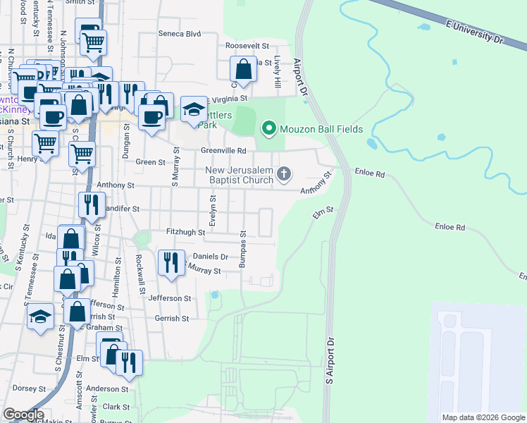 map of restaurants, bars, coffee shops, grocery stores, and more near 401 Tenison Lane in McKinney