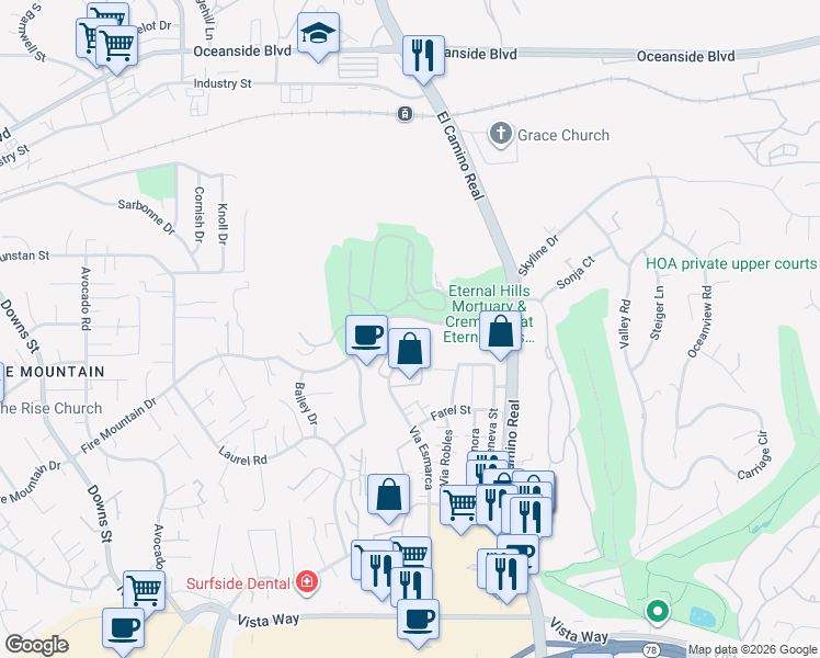 map of restaurants, bars, coffee shops, grocery stores, and more near 2817 Ocean Village Way in Oceanside