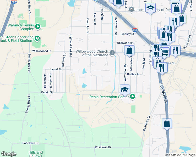map of restaurants, bars, coffee shops, grocery stores, and more near 2026-2398 Kendolph Drive in Denton