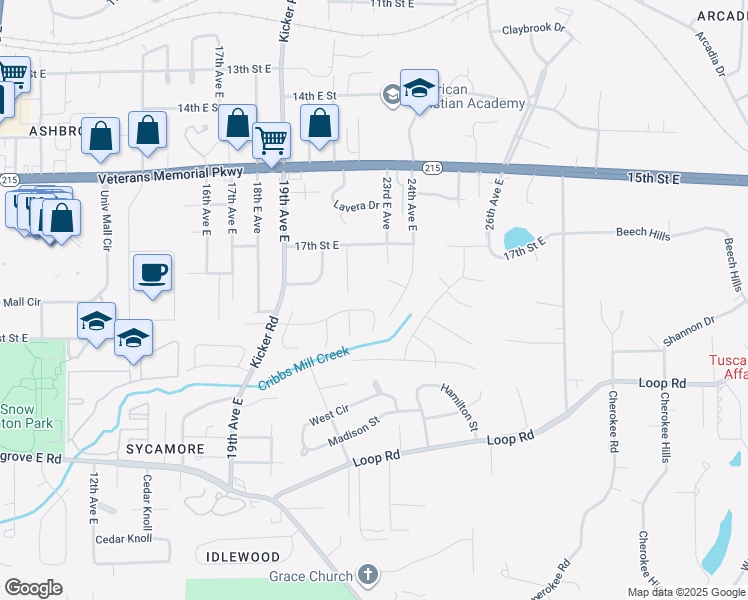 map of restaurants, bars, coffee shops, grocery stores, and more near 2310 Cross Creek Drive in Tuscaloosa
