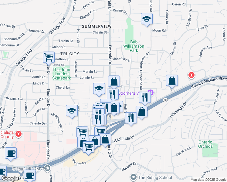map of restaurants, bars, coffee shops, grocery stores, and more near 179 Emerald Drive in Vista