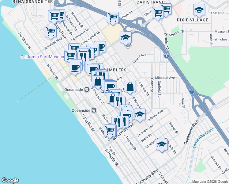 map of restaurants, bars, coffee shops, grocery stores, and more near 410 South Freeman Street in Oceanside
