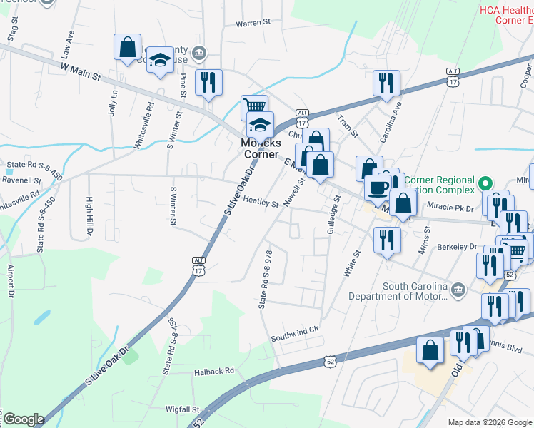 map of restaurants, bars, coffee shops, grocery stores, and more near 210 Newell Street in Moncks Corner