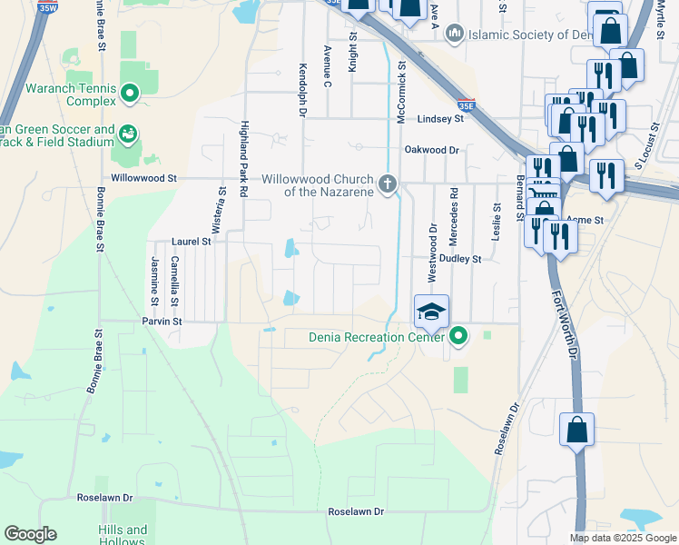 map of restaurants, bars, coffee shops, grocery stores, and more near 2026-2398 Kendolph Drive in Denton