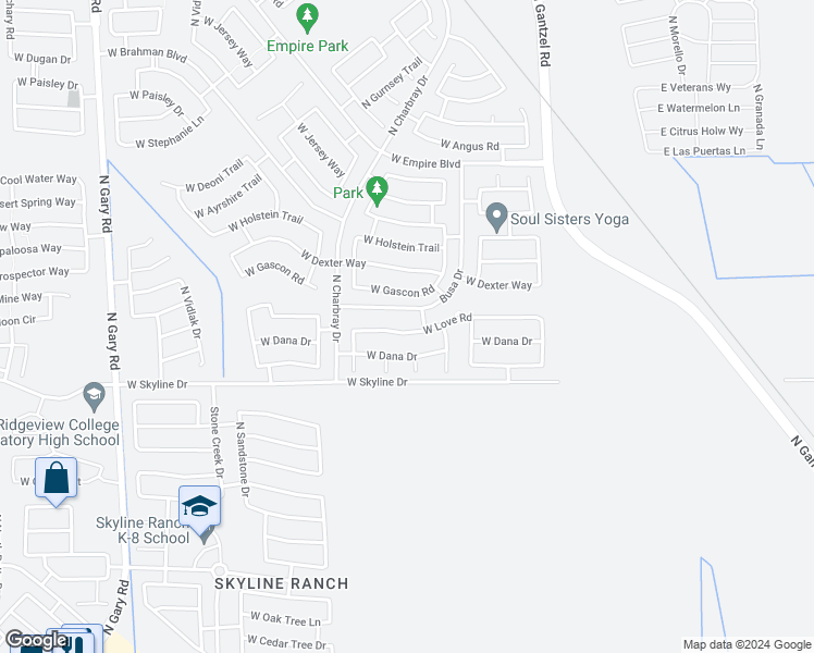 map of restaurants, bars, coffee shops, grocery stores, and more near 380 West Love Road in San Tan Valley