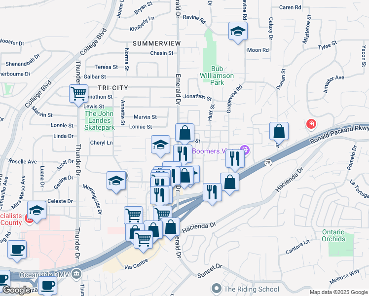 map of restaurants, bars, coffee shops, grocery stores, and more near 333 North Emerald Drive in Vista
