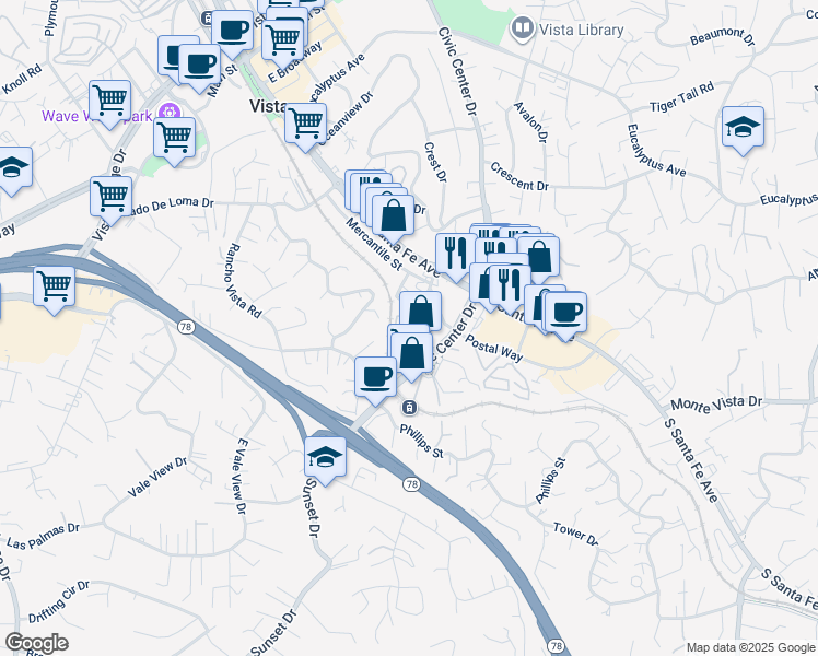 map of restaurants, bars, coffee shops, grocery stores, and more near 173 Pala Vista Drive in Vista