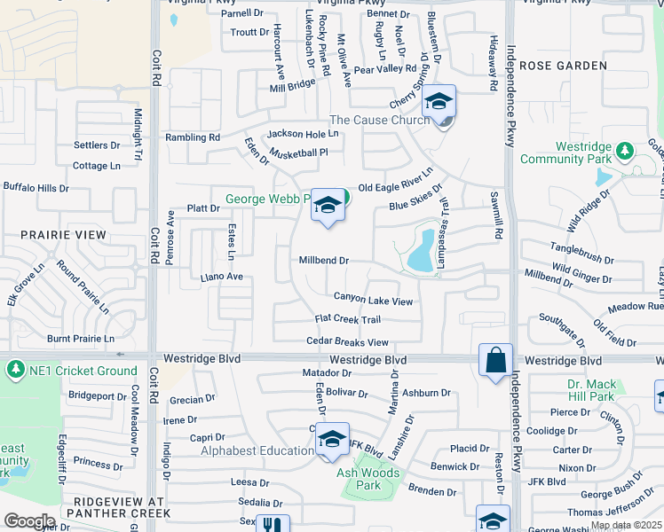 map of restaurants, bars, coffee shops, grocery stores, and more near 615 Dripping Springs Lane in McKinney