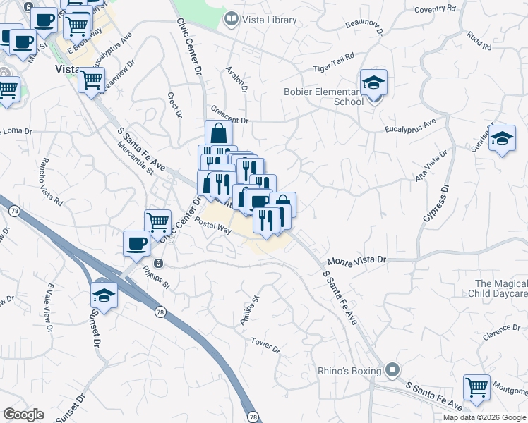 map of restaurants, bars, coffee shops, grocery stores, and more near 966 South Santa Fe Avenue in Vista