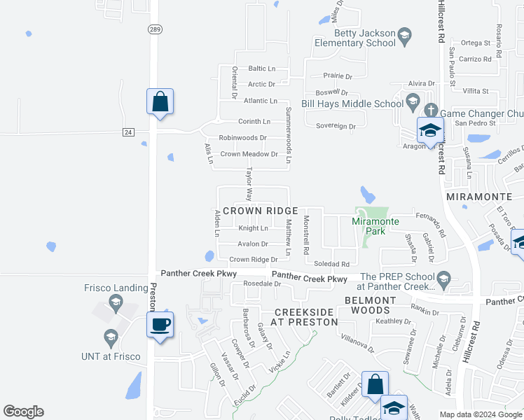 map of restaurants, bars, coffee shops, grocery stores, and more near 13904 Miranda Way in Frisco