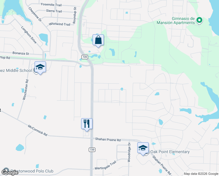 map of restaurants, bars, coffee shops, grocery stores, and more near 3291-3299 Farm to Market 720 in Oak Point