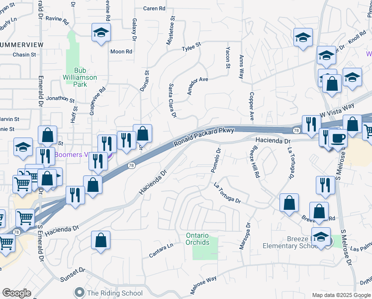 map of restaurants, bars, coffee shops, grocery stores, and more near 1215 West Vista Way in Vista
