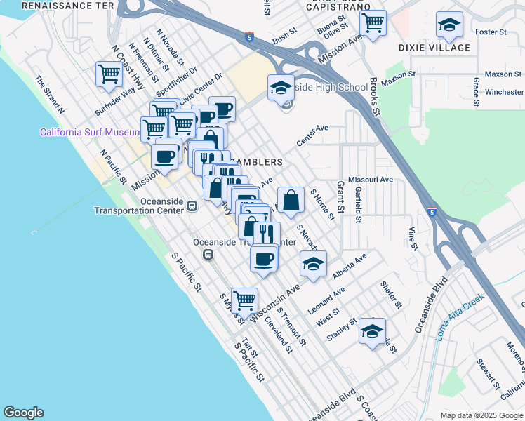 map of restaurants, bars, coffee shops, grocery stores, and more near 312 South Ditmar Street in Oceanside