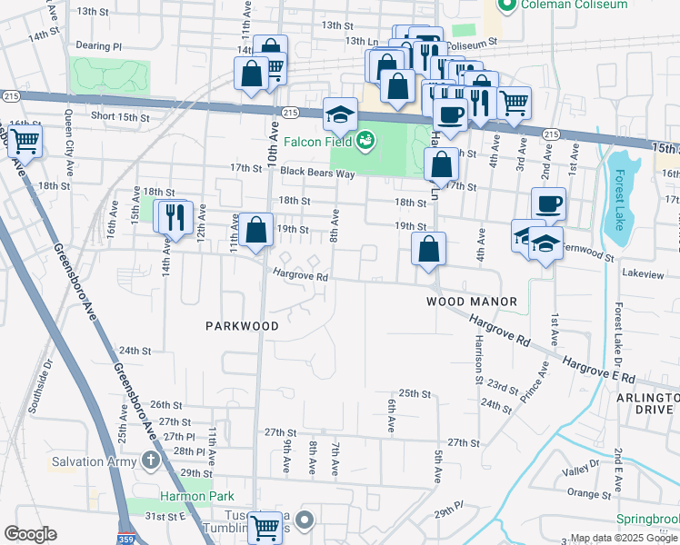 map of restaurants, bars, coffee shops, grocery stores, and more near 2 8th Avenue in Tuscaloosa