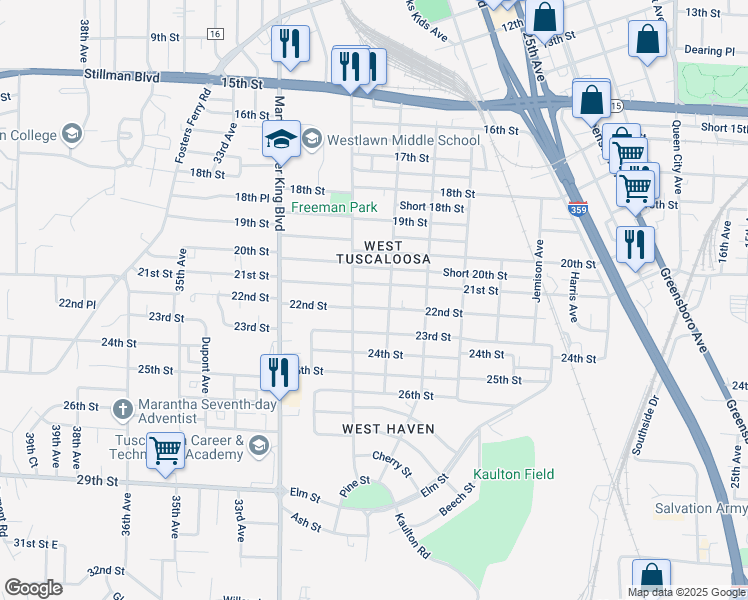map of restaurants, bars, coffee shops, grocery stores, and more near 2034 29th Ave in Tuscaloosa