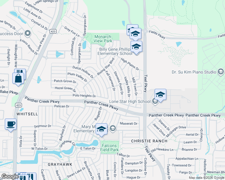 map of restaurants, bars, coffee shops, grocery stores, and more near 13822 Fall Harvest Drive in Frisco