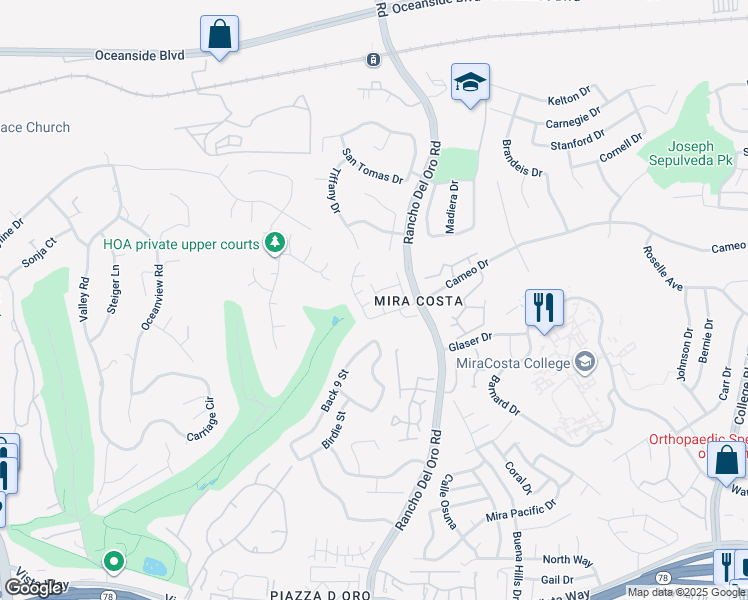 map of restaurants, bars, coffee shops, grocery stores, and more near 2187 Castilla Way in Oceanside