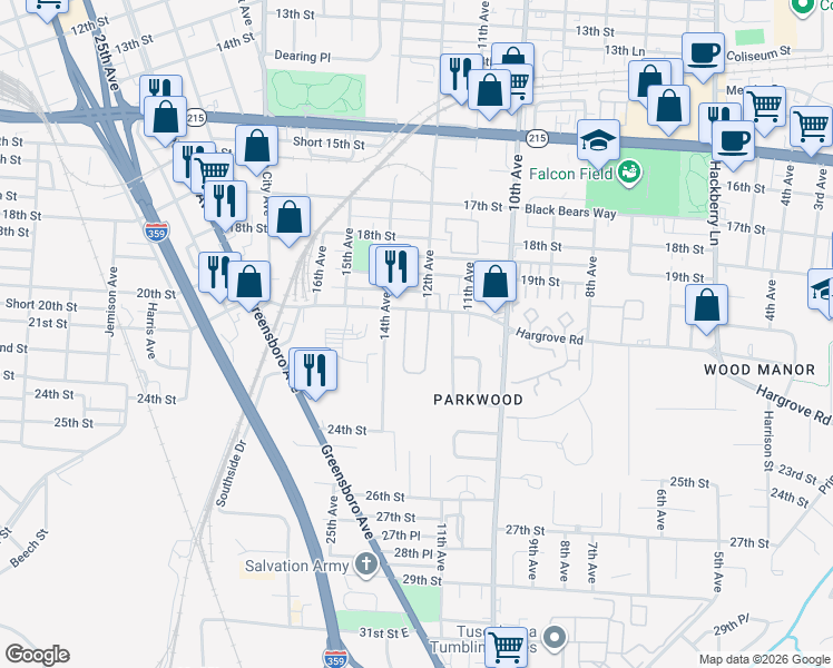 map of restaurants, bars, coffee shops, grocery stores, and more near 1300 Hargrove Road in Tuscaloosa