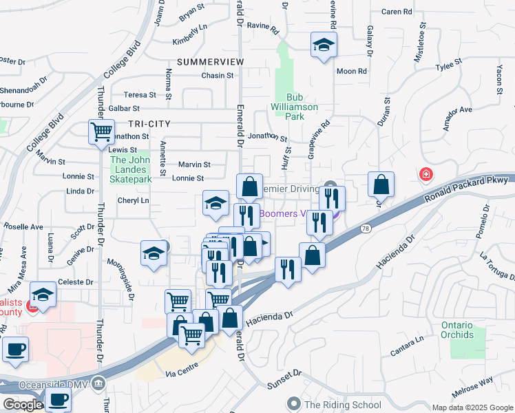 map of restaurants, bars, coffee shops, grocery stores, and more near 333 Emerald Drive in Vista