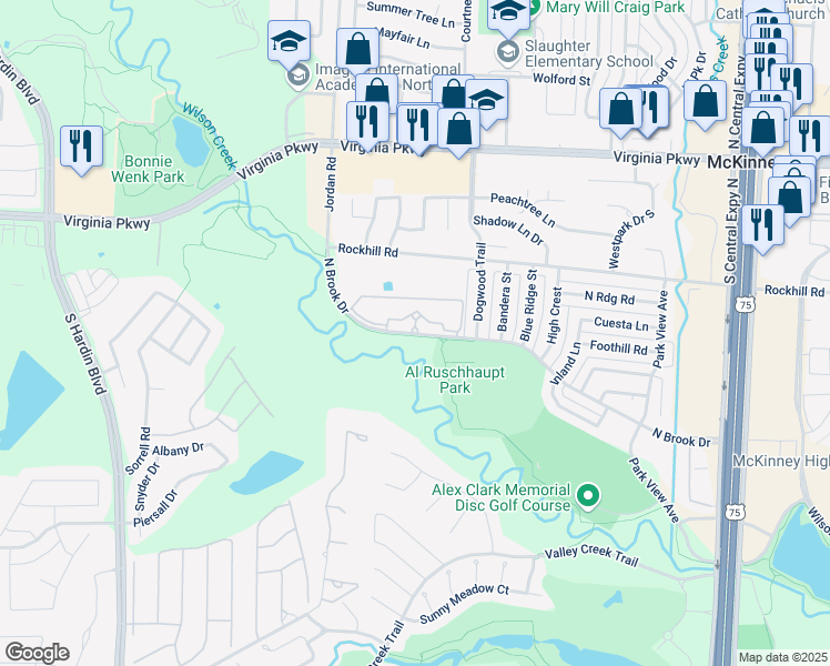 map of restaurants, bars, coffee shops, grocery stores, and more near 2700 North Brook Drive in McKinney