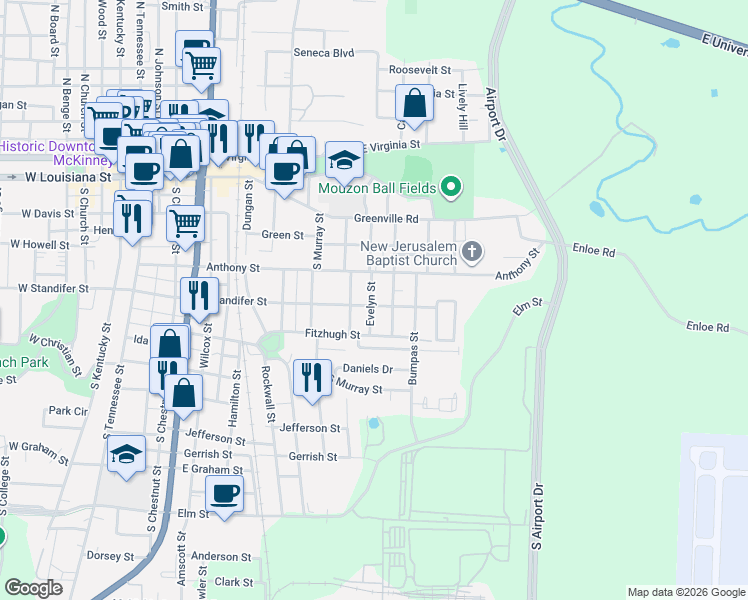 map of restaurants, bars, coffee shops, grocery stores, and more near 410 Wilson Street in McKinney