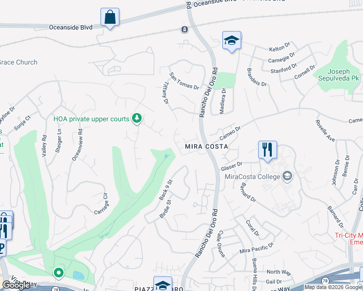 map of restaurants, bars, coffee shops, grocery stores, and more near 2188 Anda Lucia Way in Oceanside