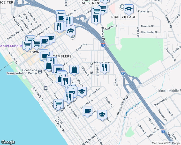 map of restaurants, bars, coffee shops, grocery stores, and more near 517 Grant Street in Oceanside