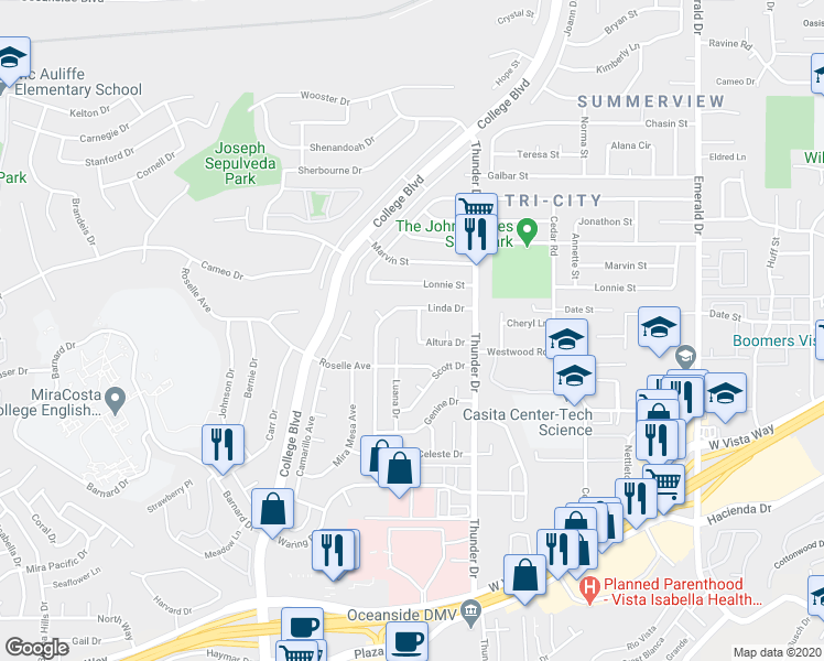 map of restaurants, bars, coffee shops, grocery stores, and more near 2921 Altura Drive in Oceanside
