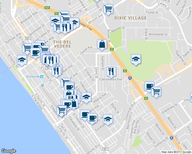 map of restaurants, bars, coffee shops, grocery stores, and more near 517 Grant Street in Oceanside