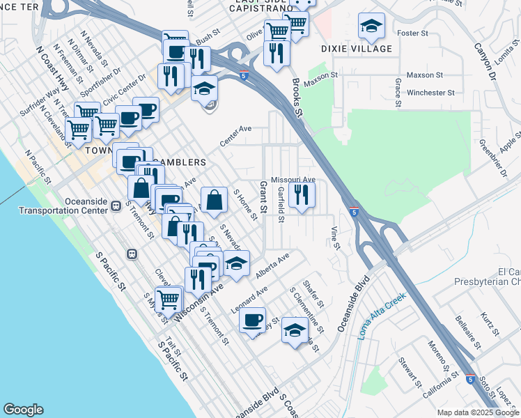 map of restaurants, bars, coffee shops, grocery stores, and more near 517 Grant Street in Oceanside