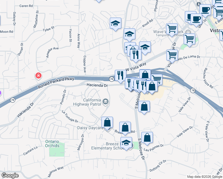 map of restaurants, bars, coffee shops, grocery stores, and more near 435 La Tortuga Drive in Vista