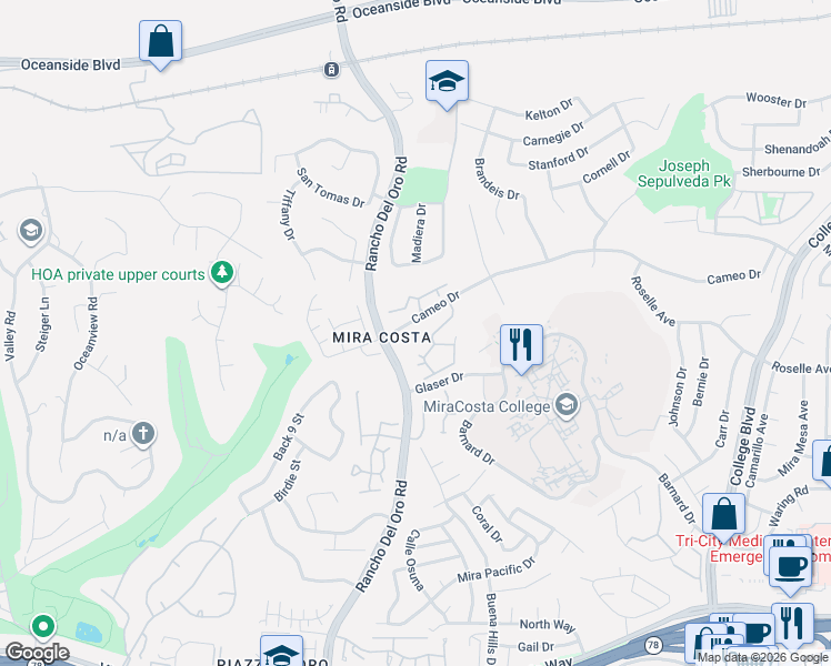 map of restaurants, bars, coffee shops, grocery stores, and more near 3436 Cameo Drive in Oceanside