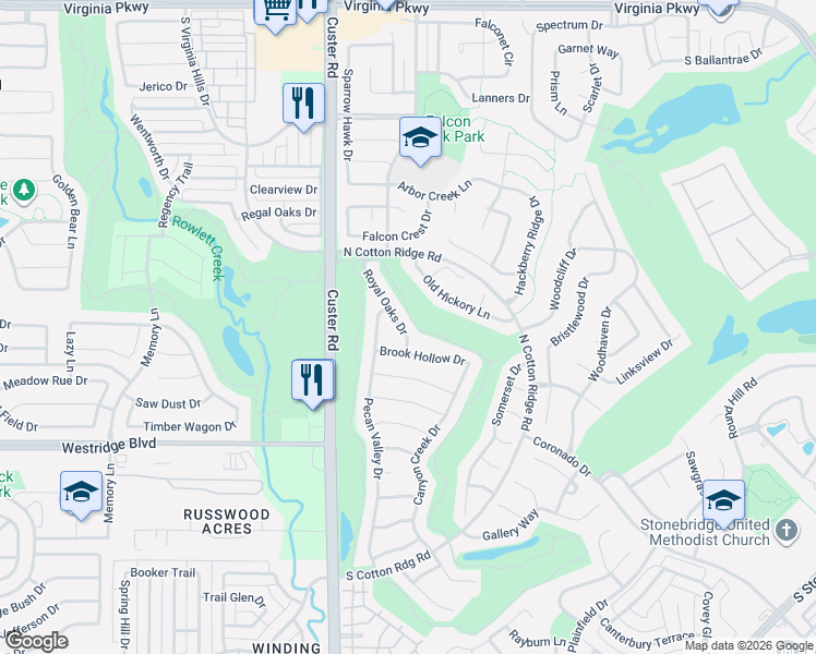 map of restaurants, bars, coffee shops, grocery stores, and more near 1101 Royal Oaks Drive in McKinney