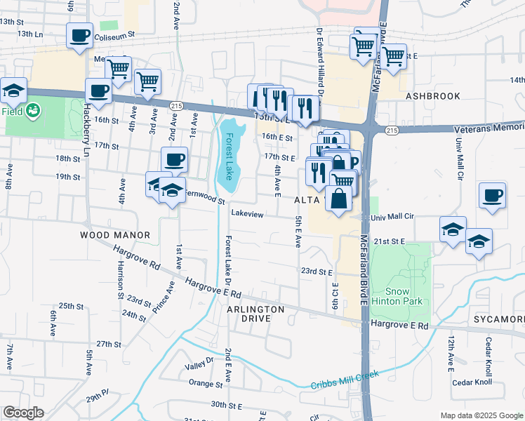 map of restaurants, bars, coffee shops, grocery stores, and more near 1 Lakeview in Tuscaloosa