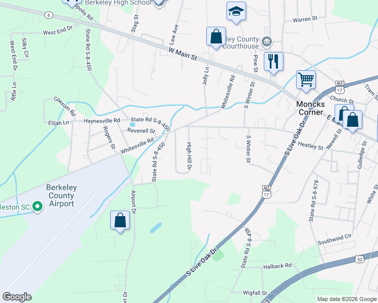 map of restaurants, bars, coffee shops, grocery stores, and more near High Hill Drive in Moncks Corner